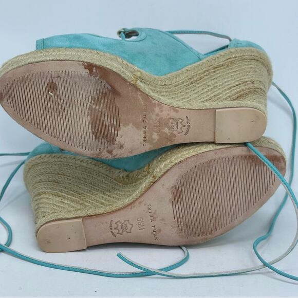 Trina Turk Sueded Leather Lace up Ankle Wrap Wedge Sandals - AQUAMARINE - Picture 13 of 13